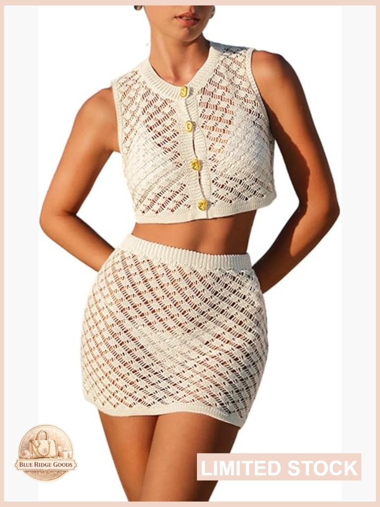 Crochet Two Piece Cover Up Set Sexy Beach Resort Wear Mini Skirt Crop Top
